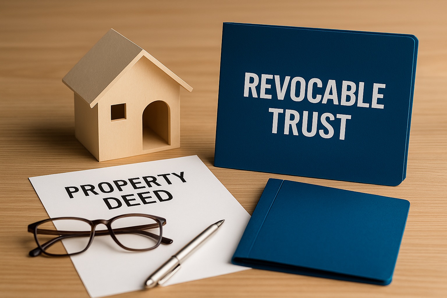 House model, legal documents, and a trust binder illustrating how property is transferred into a revocable living trust