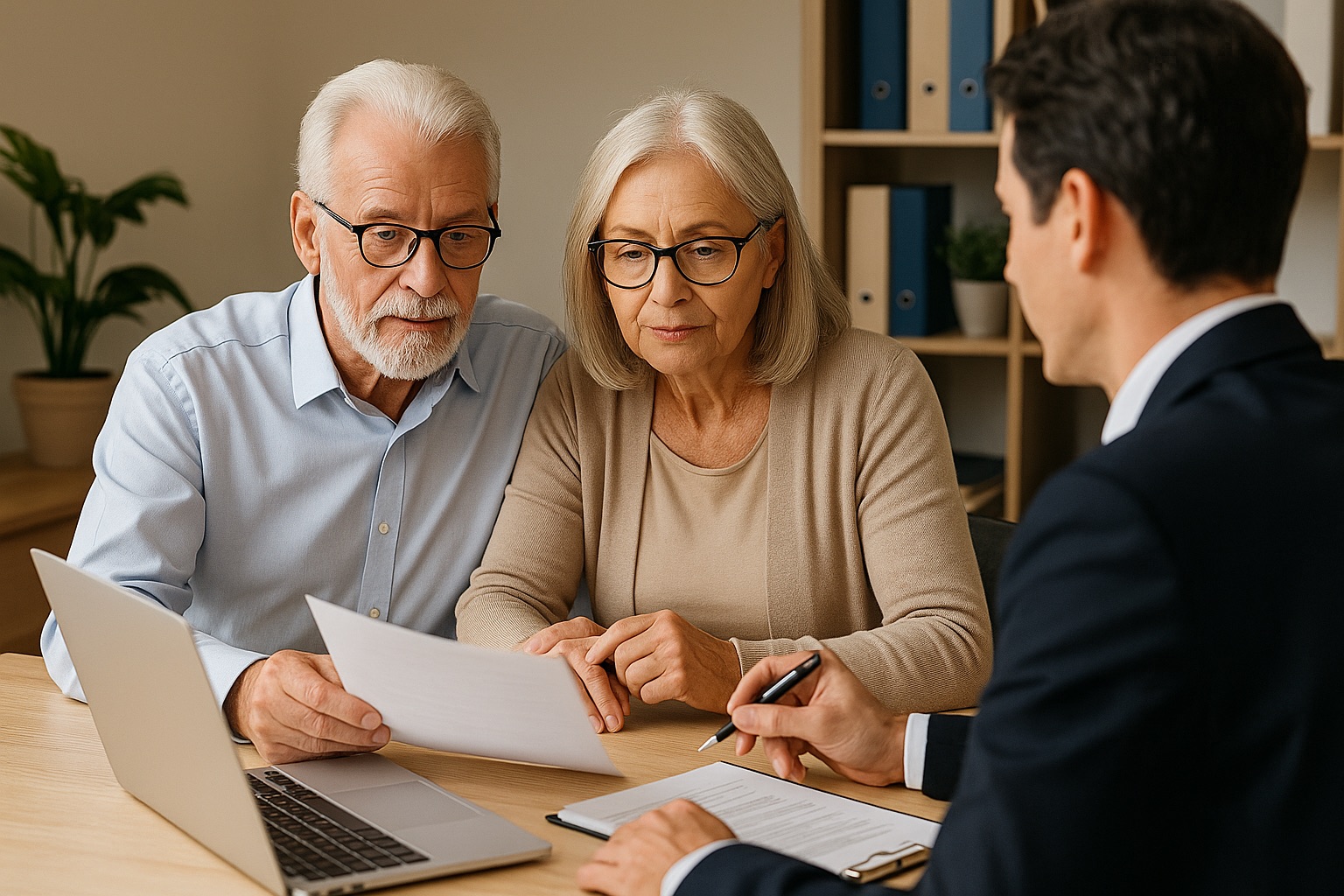 Older couple reviewing estate planning documents with a professional advisor while choosing a trustee