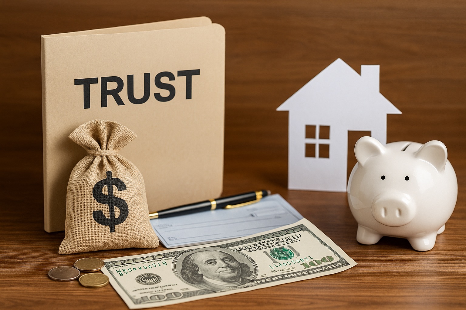Money, home, and financial documents being placed into a trust folder representing how to fund a living trust