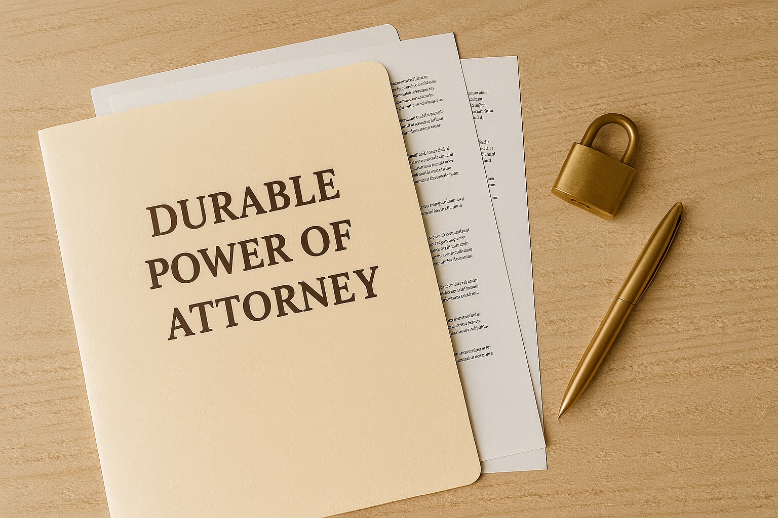 Close-up of durable power of attorney paperwork on a desk with a lock and manila folder, symbolizing someone trusted to manage finances.
