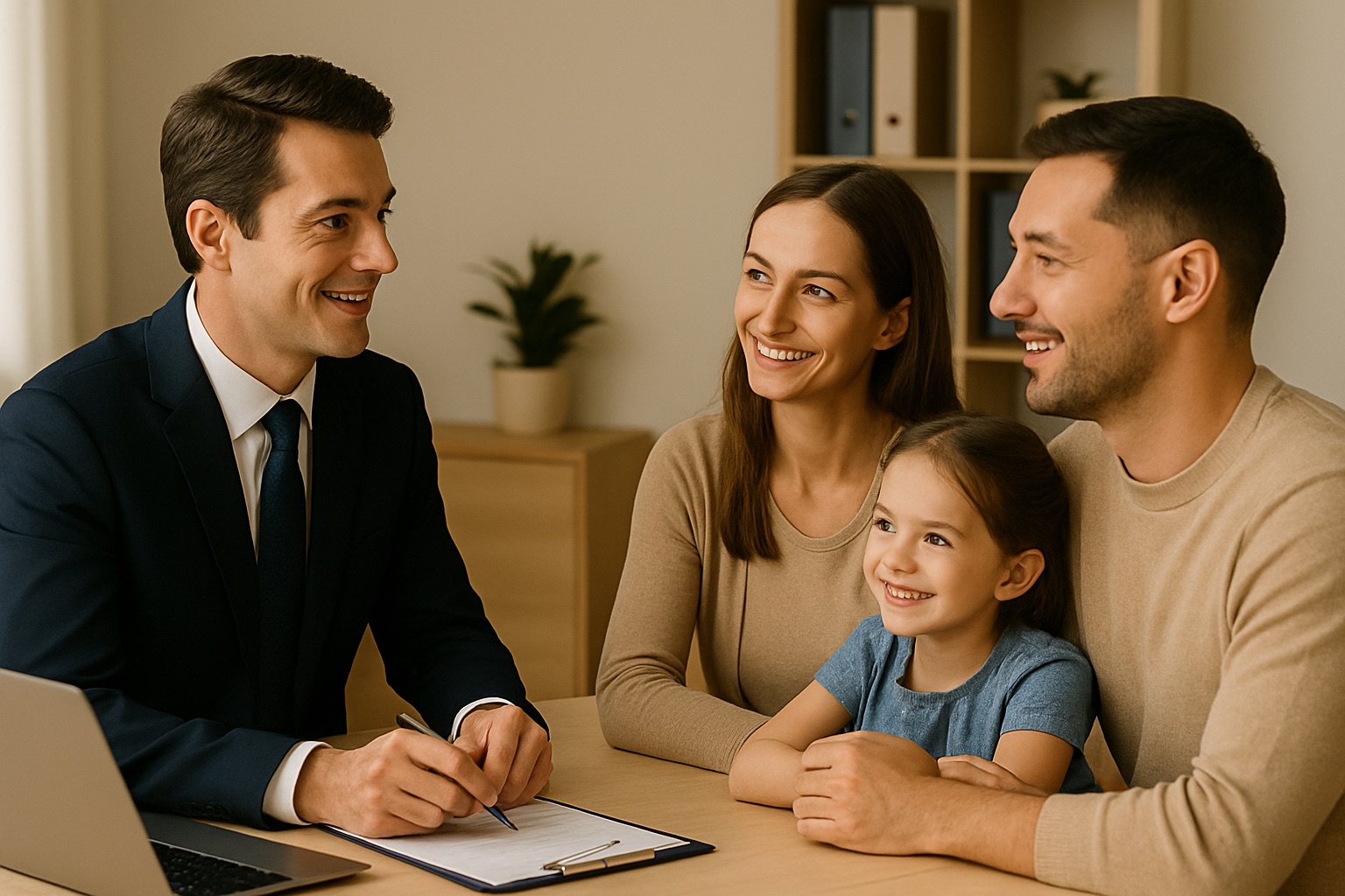 Parents sitting with a professional advisor reviewing estate planning documents to protect their children’s future.