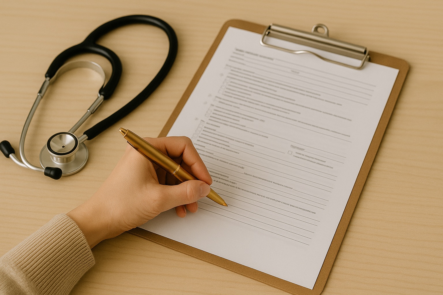 Medical power of attorney and living will form on a clipboard with a pen, symbolizing written healthcare decision-making.
