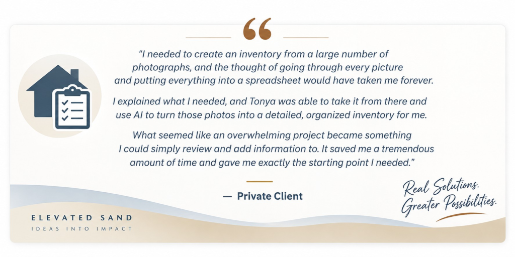 Private client testimonial describing the time saved using an AI-assisted workflow to create a structured property inventory from photographs.
