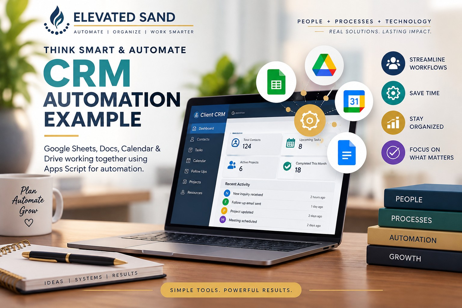 CRM automation solution using Google Sheets, Docs, Calendar, Drive, and Apps Script to streamline workflows