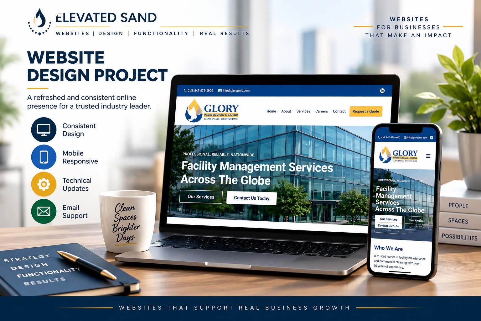 Responsive website redesign for Glory Professional Cleaning displayed on desktop and mobile devices